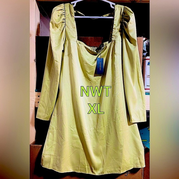NWT pistachio green satin mini double square Danielle Bernstein puff sleeves XL - Picture 1 of 16